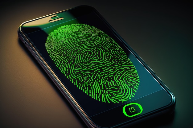 Telefone celular com impressão digital verde no fundo da tela IA generativa