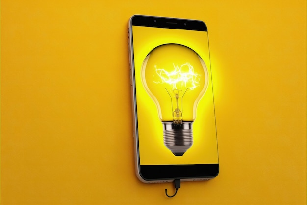 Telefone celular com lâmpada na tela Conceito de ideias e criatividade fundo amarelo AI