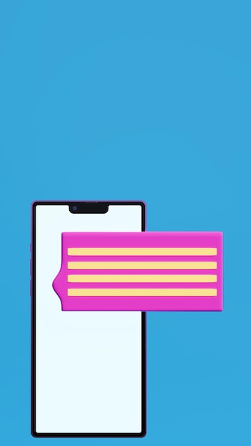 Telefone celular com mensagem de texto na ilustração 3d do cenário azul