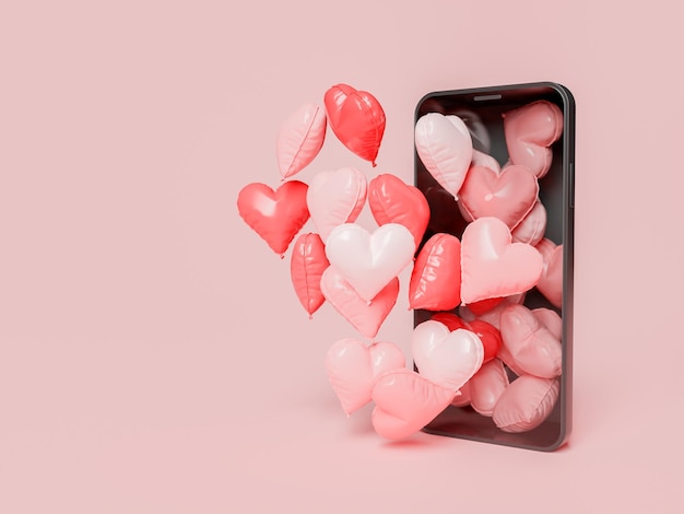 telefone celular com muitos balões de coração saindo da tela