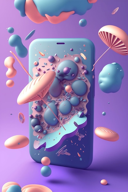 Telefone celular com objetos abstratos no conceito de marketing de mídia social de fundo colorido