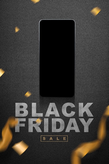 Foto telefone celular com tela preta e texto de venda black friday