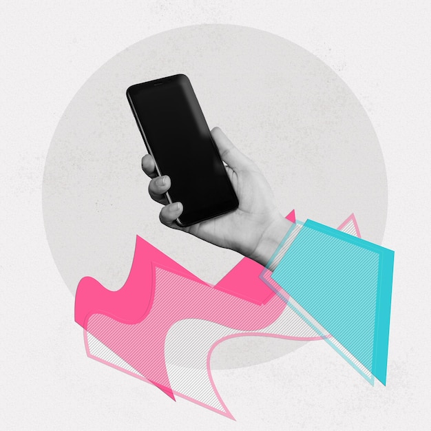 Foto telefone celular com tela preta na mão feminina em fundo abstrato de textura mockup para design