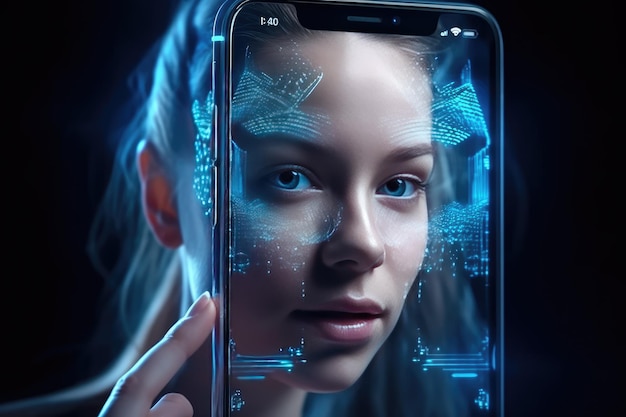 Telefone celular do futuro móvel transparente invisível Siri Alice holograma inteligência artificial smartphone Ai Metaverse e tecnologia Blockchain rede de dados futura inovadora