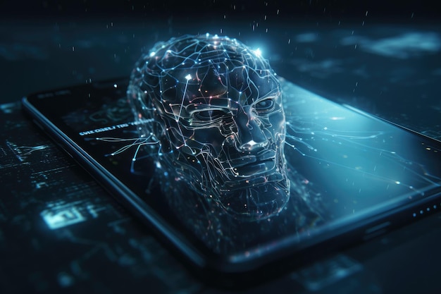 Telefone celular do futuro móvel transparente invisível Siri Alice holograma inteligência artificial smartphone Ai Metaverse e tecnologia Blockchain rede de dados futura inovadora