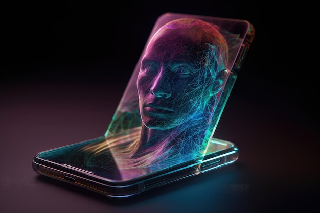 Telefone celular do futuro móvel transparente invisível Siri Alice holograma inteligência artificial smartphone Ai Metaverse e tecnologia Blockchain rede de dados futura inovadora