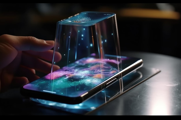 Telefone celular do futuro móvel transparente invisível Siri Alice holograma inteligência artificial smartphone Ai Metaverse e tecnologia Blockchain rede de dados futura inovadora