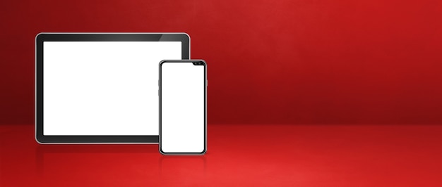 Telefone celular e digital tablet pc na mesa vermelha. Fundo horizontal. Ilustração 3D