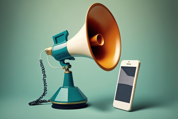 telefone celular e megafone conceito de marketing e publicidade fundo azul IA