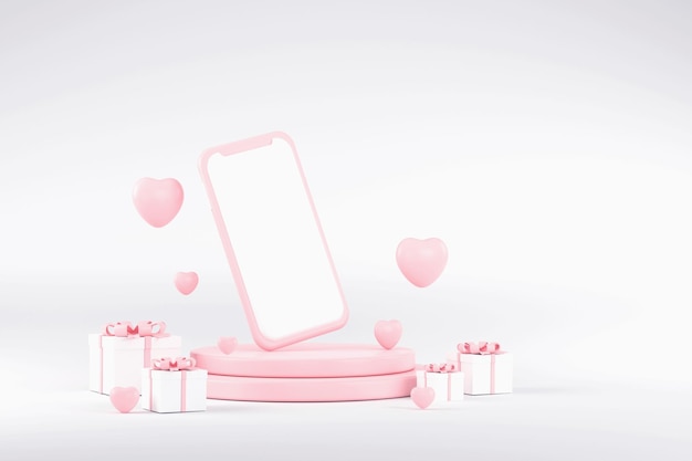 Telefone celular no pódio rosa com coração e caixa de presente Dia dos namorados conceito Mockup showcase