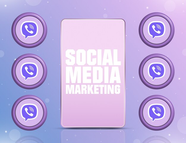 Telefone com smm na tela e ícones da rede social viber em torno de 3d