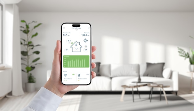 Telefone de mão exibindo aplicativo de energia solar em uma sala de estar aconchegante