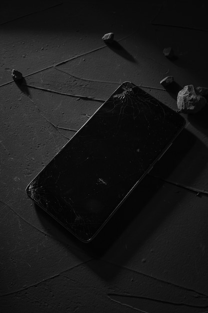 Foto telefone de tela quebrada na mesa de concreto com luz dura, sombras