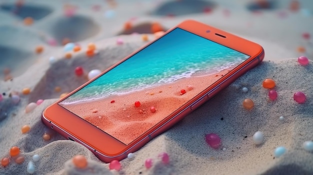 Telefone deitado na areia da praia Background Cor brilhante Generative Ai