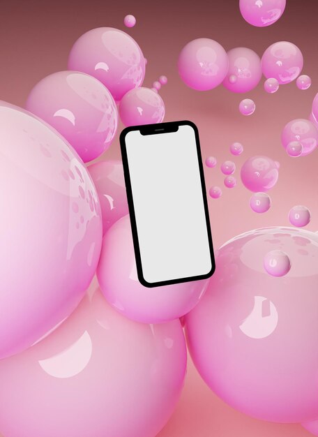 Telefone flutuante com tela branca em branco com espaço de cópia para adicionar sua imagem, texto ou anúncio, sobre um fundo de esfera rosa brilhante. Rede social e estilo jovem. Renderização de padrão pop art.3D