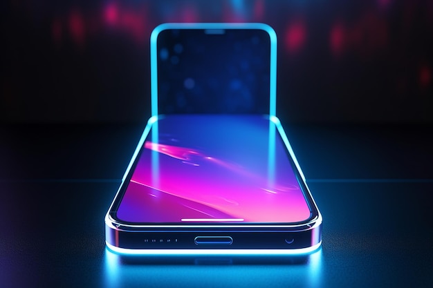 Telefone futurista para espaço de trabalho suspenso sobre mesa de vidro azul com IA generativa neon