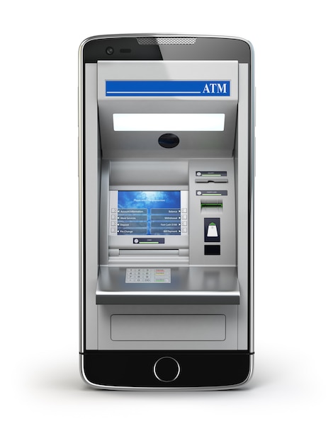 Telefone inteligente como atm isolado na ilustração 3d de fundo branco