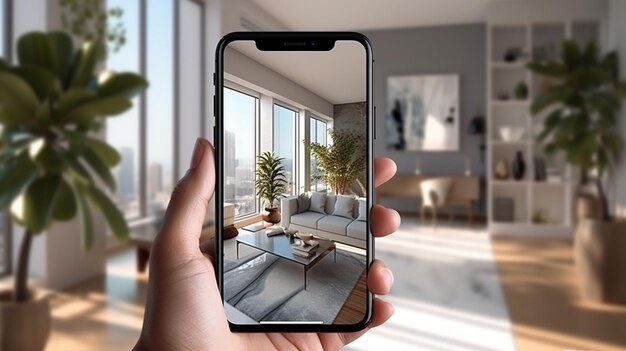 Telefone inteligente na mão tirando foto de interior de sala de estar moderna renderização 3D
