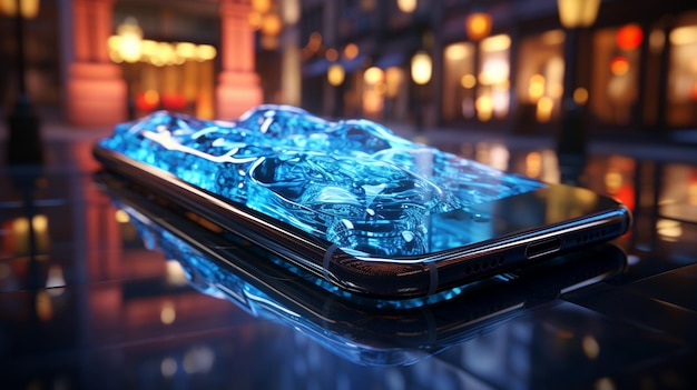 Telefone móvel brilhando em fundo de vidro refletor azul