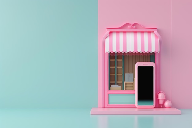 Foto telefone móvel com loja no conceito de compras on-line em estilo de ilustração 3d em um fundo colorido