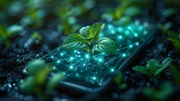 Foto telefone móvel com plantas verdes conceito de agricultura inteligente fundo geométrico azul estrutura de conexão de luz wireframe gráfico 3d moderno isolado moderno