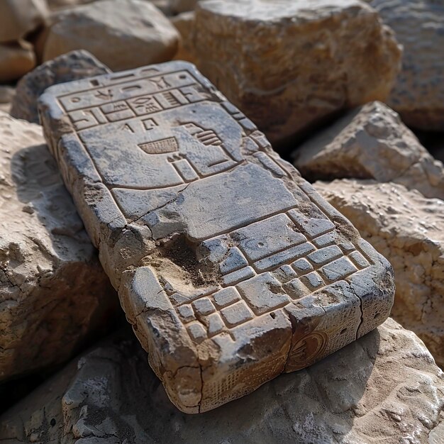 Telefone móvel imaginário do antigo Egito Móvel em estado fóssil feito de pedra