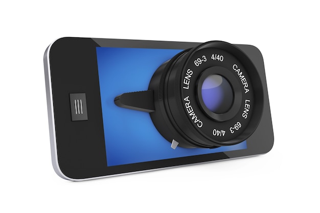 Telefone móvel inteligente com lente de câmera grande em um fundo branco. Renderização 3D.