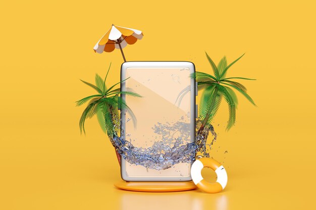 telefone móvel ou smartphone com salpicos de água palmas de busca de ampliação guarda-chuva salva-vidas isolado em fundo amarelo compras on-line férias de verão conceito de viagem ilustração renderização 3D