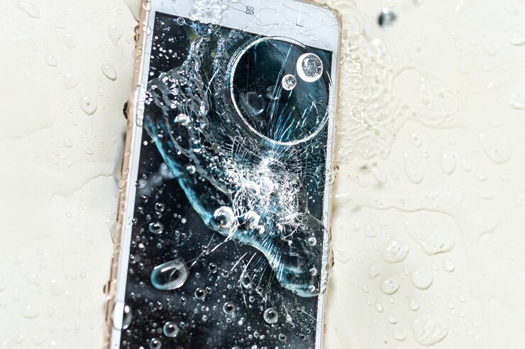 Telefone na água. Telefone quebrado do conceito. Conceito de conserto de smartphone