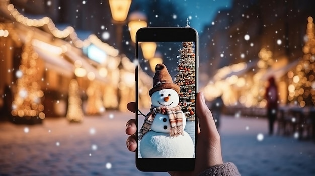 telefone na mão do homem fazendo foto da árvore de Natal colorida festiva e boneco de neve na cidade de inverno