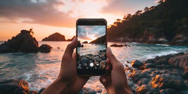 telefone na mão, faça uma foto relaxando no passeio e observando o belo mar mediterrâneo à noite