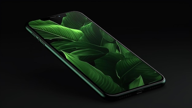 Telefone preto com um padrão de folha verde na tela