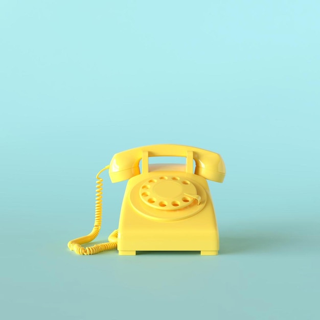 Telefone retrô amarelo na ilustração 3d de fundo azul
