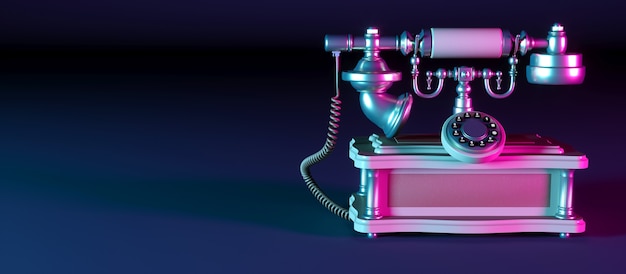 Telefone retro escuro com luz de néon na ilustração 3D