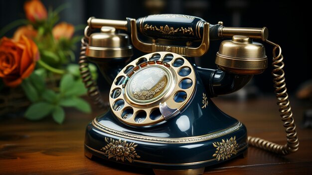 Foto telefone rotativo antigo em mesa de madeira decoração nostálgica