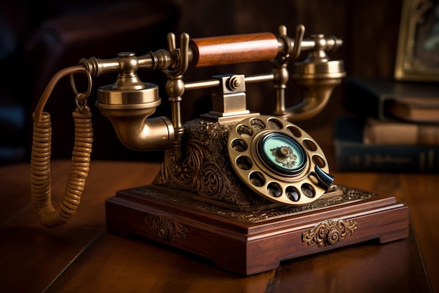 Telefone rotativo antigo na mesa de madeira nostalgia deco