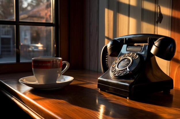 Telefone rotativo preto e xícara de chá em uma mesa de madeira banhada na quente luz solar