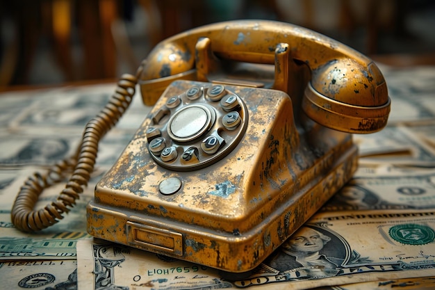 Foto telefone rotativo vintage em uma superfície de madeira com notas de moeda velha conceito de comunicação retro