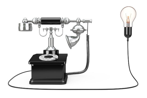 Telefone vintage conectado a lâmpada de ideia criativa em um fundo branco. Renderização 3D