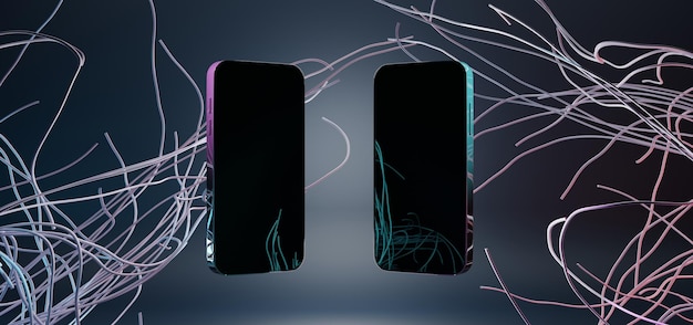 Telefones celulares com vista de ângulo de tela em branco maquete realista dois smartphones de frente um para o outro em abstrato futurista com linhas de onda celulares em ilustração 3d gradiente roxo verde