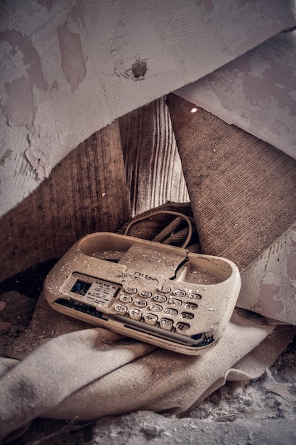 Foto teléfono abandonado en el textil