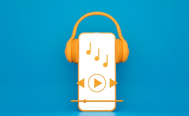 Teléfono amarillo con auriculares escuchando música sobre fondo azul 3d renderizado