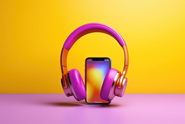 un teléfono y auriculares con icono de podcast en fondo amarillo