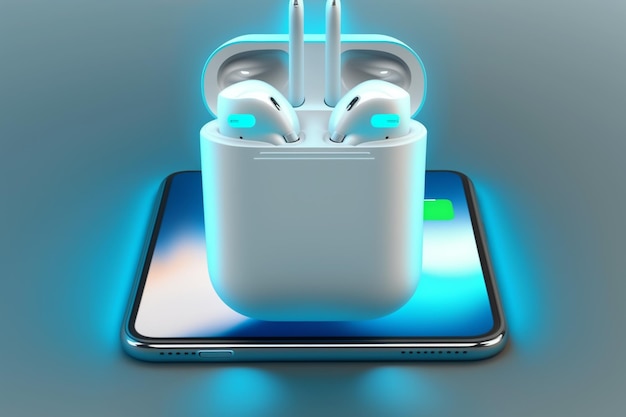 Un teléfono con auriculares y un teléfono con fondo azul.