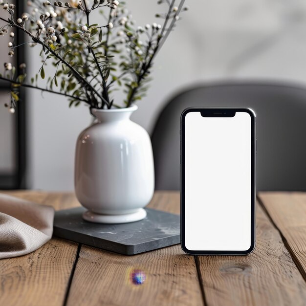 Foto un teléfono blanco está en una mesa con una planta en un jarrón