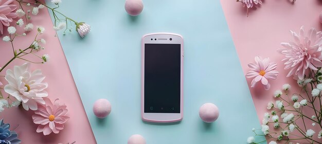 Un teléfono celular blanco descansando en una superficie azul y rosa