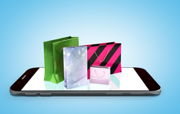 Teléfono celular y bolsas de compras 3d render en azul