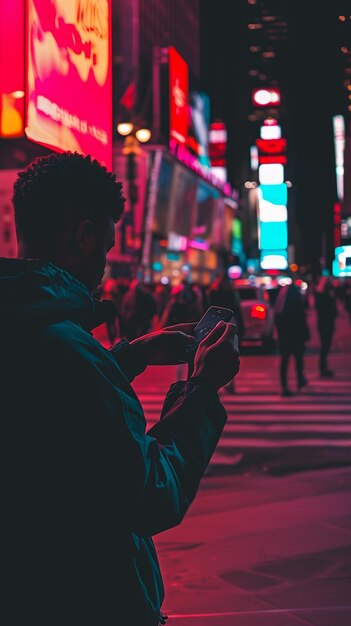 un teléfono celular en una calle de la ciudad por la noche