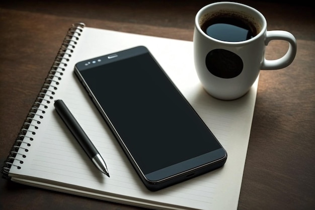 Un teléfono celular se encuentra encima de un cuaderno junto a un bolígrafo y un bolígrafo.