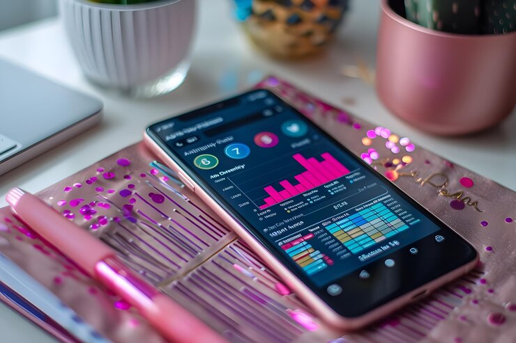 Foto un teléfono celular con un fondo rosa con un gráfico rosa en la pantalla